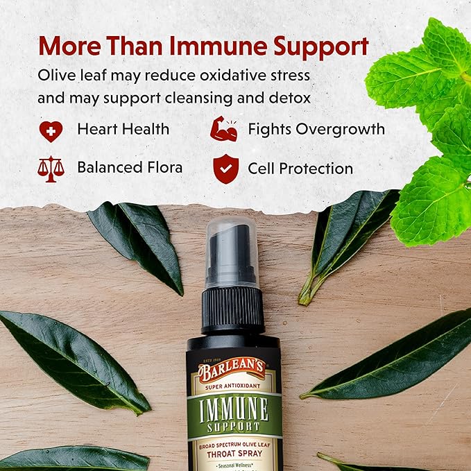 Barlean's Olive Leaf Complex Throat Spray, Immune Support Supplement with Peppermint, Lemon, and Sage for Itchy Throat Relief, Liquid Blended Extract, 1.5 oz