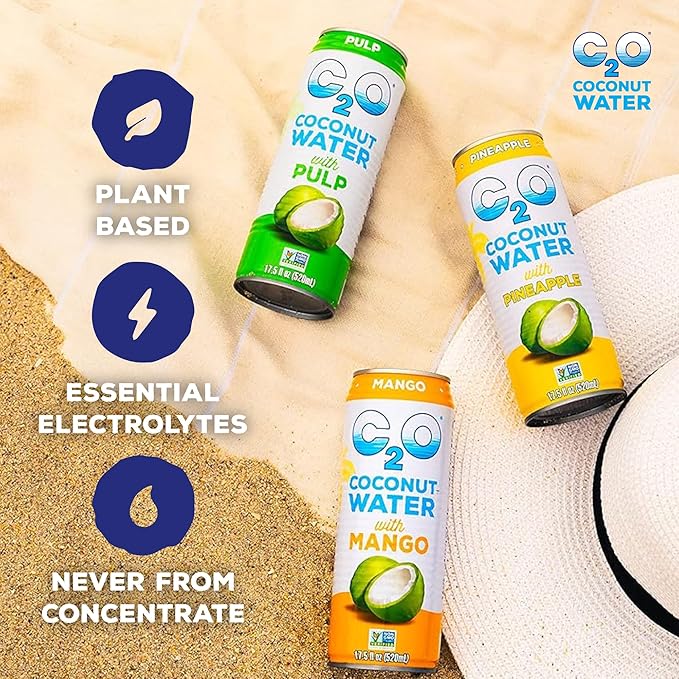 C2O - Coconut Water with Mango (12 Pack) - Made with Fresh Coconut Water - Plant Based - Non GMO - Canned Water - Natural Hydration, Essential Electrolytes, & Potassium - 12 Cans, 17.5 FL OZ