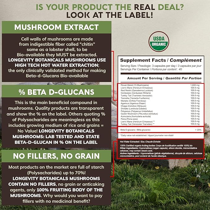 Longevity Botanicals Power 15 Mushroom Blend Capsules (90) | Lion’s Mane, Turkey Tail, Reishi, Chaga, Cordyceps, Maitake, Tremella & More | 10:1 Extract | Complex Mix for Immune & Vitality Support