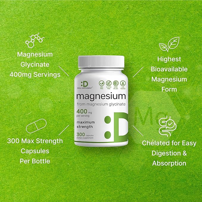Magnesium Glycinate 400mg, 300 Capsules | 100% Chelated for Easy Absorption | Essential Mineral Supplement for Muscle, Sleep, & Heart Health