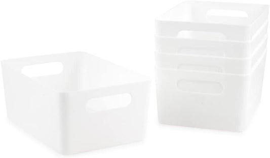 Isaac Jacobs 5-Pack Medium White Storage Bin (9.5” x 6.5”x 4”) Set w/Cut-Out Handles, Plastic Organizer, Multi-Use, Home, Office, Pantry, Closet, Kitchen