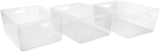 Isaac Jacobs 3-Pack XL Clear Storage Bin (13.9” x 10.6” x 5.75”) Set w/Cut-Out Handles, Plastic Organizer, Multi-Use, Home, Office, Pantry, Closet, Kitchen