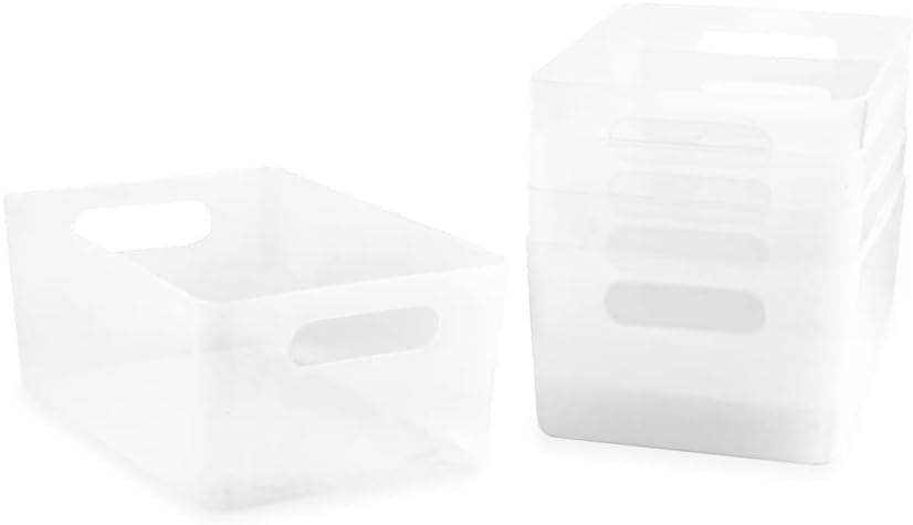 Isaac Jacobs 5-Pack Medium Clear Storage Bin (9.5” x 6.5” x 4”) Set w/Cut-Out Handles, Plastic Organizer, Multi-Use, Home, Office, Pantry, Closet, Kitchen