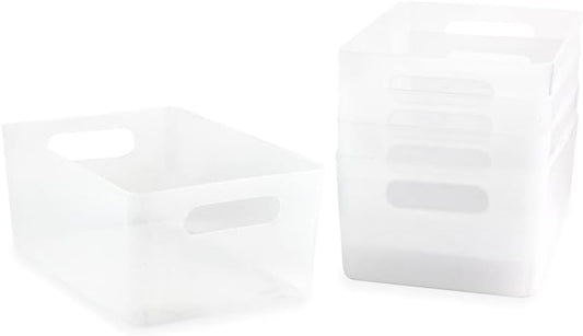 Isaac Jacobs 5-Pack Medium Clear Storage Bin (9.5” x 6.5” x 4”) Set w/Cut-Out Handles, Plastic Organizer, Multi-Use, Home, Office, Pantry, Closet, Kitchen