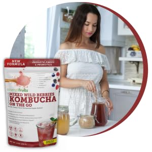 Essenzefruits Red Berries Kombucha Powder Tea Beverage – Sugar Free, Fermented & Dried - Just Add Water! Live Probiotics & Prebiotic Blend, Vitamin C - Makes up to 30 Cups (8 Oz)