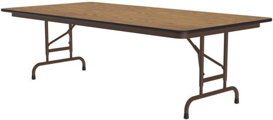 Correll Heavy Duty Adjustable Height Utility Folding Table, Melamine Top, USA Made, Strong Steel Apron, 36"x72", Medium Oak Top Brown Edge