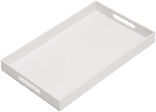 Glossy White Sturdy Acrylic Serving Tray with Handles-12x20 Inch-Serving Coffee Appetizer Breakfast-Kitchen Countertop Makeup Drawer Organizer-Vanity Table Ottoman Decorative Tray