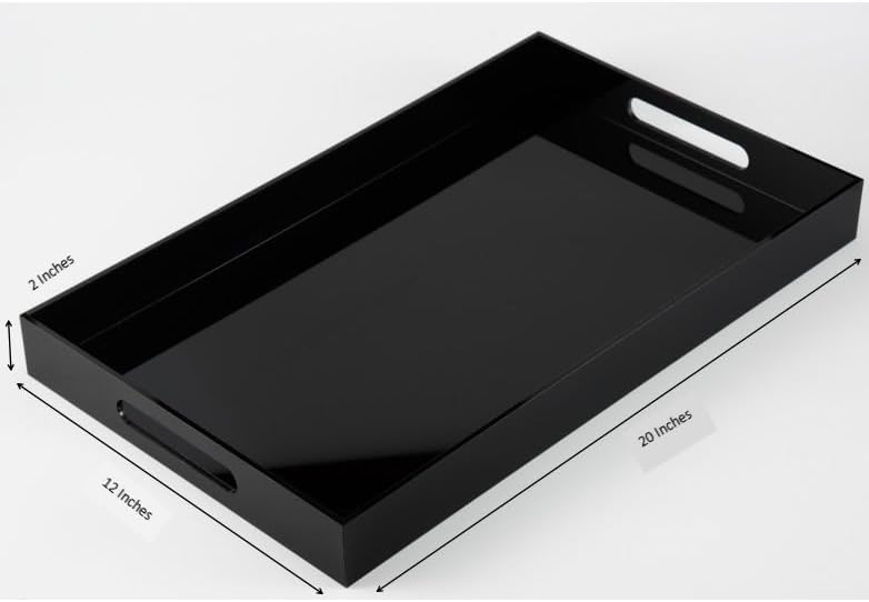 Glossy Black Sturdy Acrylic Serving Tray with Handles-12x20Inch-Serving Coffee,Appetizer,Breakfast,Butler-Kitchen Countertop Makeup Drawer Organizer-Vanity Table Ottoman Decorative Tray
