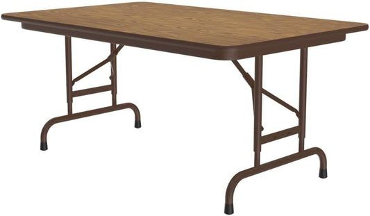 Correll Heavy Duty Adjustable Height Utility Folding Table, Melamine Top, USA Made, Strong Steel Apron, 30"x48", Medium Oak Top Brown Edge