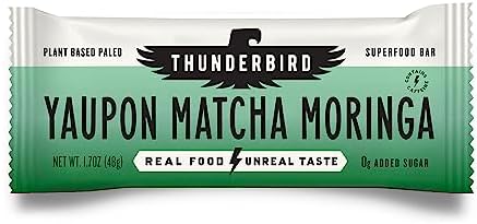 Thunderbird Bars Energy Snack, Gluten-Free with Protein, Healthy Real Food, Vegan Paleo Non-GMO, No Added Sugar, Yaupon Matcha Moringa Flavor (12 Count, 1.7 oz. Bars)