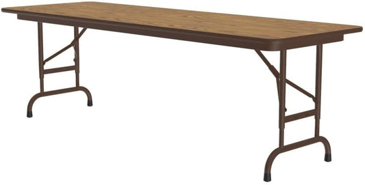 Correll Heavy Duty Adjustable Height Utility Folding Table, Melamine Top, USA Made, Strong Steel Apron, 24"x72", Medium Oak Top Brown Edge