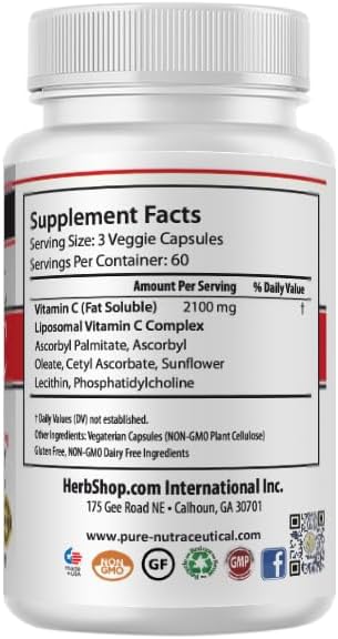 Doctor's Blend Herbshop International Liposomal Vitamin C Capsules, 2100mg, High Absorption, Fat Soluble, Sunflower Lecithin, 180 Capsules, 60-Day Supply, Premium Wellness Supplement