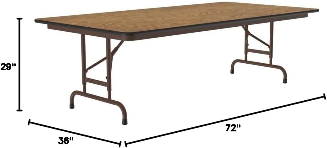 Correll Heavy Duty Adjustable Height Utility Folding Table, Melamine Top, USA Made, Strong Steel Apron, 36"x72", Medium Oak Top Brown Edge