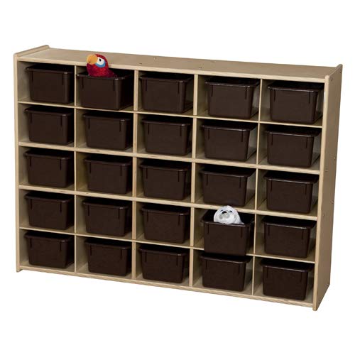 Contender Birch 25 Cubby Tray Cabinet with Brown Color Bins, Toy Storage Organizer for Toddlers, Shelving Units for Kindergarten, Daycare, Nursery, Homeschool
