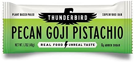 Thunderbird Bars Energy Snack, Gluten-Free with Protein, Healthy Real Food, Vegan Paleo Non-GMO, No Added Sugar, Pecan Goji Pistachio Flavor (12 Count, 1.7 oz. Bars)