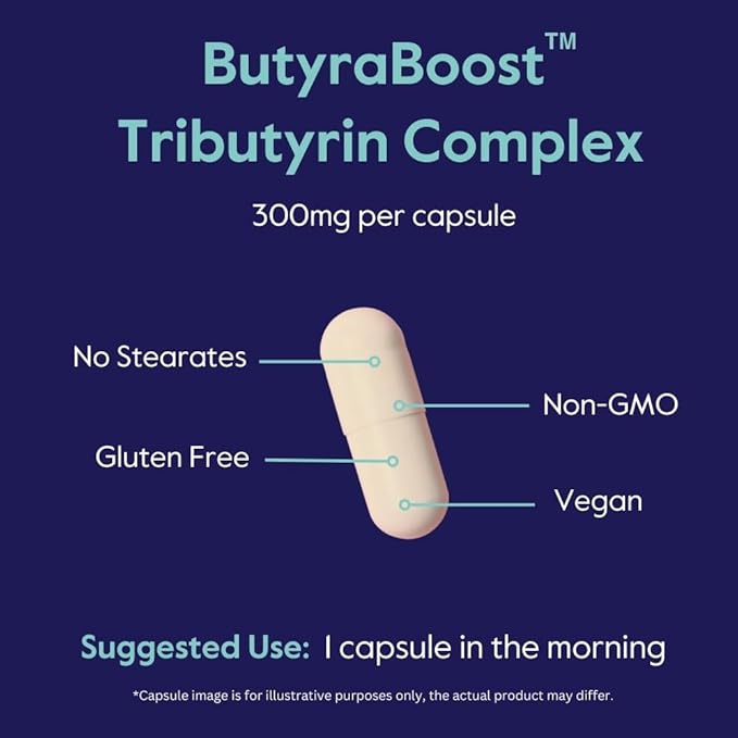 BESTVITE ButyraBoost 300mg Tributyrin Complex (60 Vegetarian Capsules) - No Stearates - Vegan - Non GMO - Gluten Free - Butyrate Gut Health Supplement