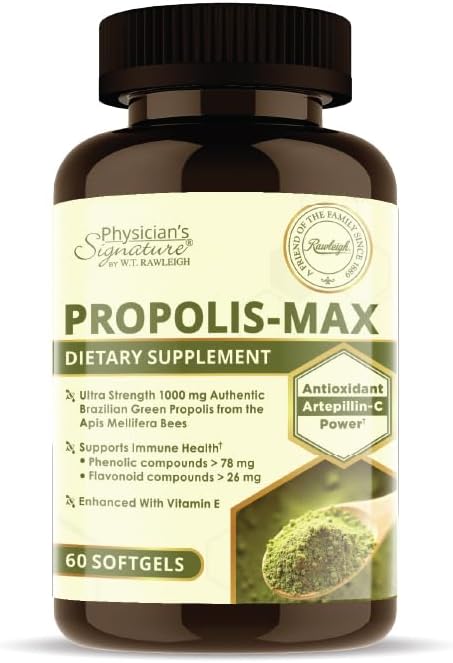 Rawleigh Propolis Max: 60 Vegetarian Softgels - Brazilian Green Propolis with Phenolic, Flavonoid & Artepillin C Compounds & Vitamin E - Supports Immunity, Wellness