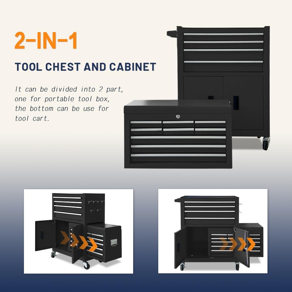 13-Drawer Double Door Rolling Tool Chest, 2 in 1 Detachable Tool Chest,Tool Box with Drawers and Wheels, Large Tool Cabinet with Lock, Metal Standing Toolbox for Garage Workshop-Black