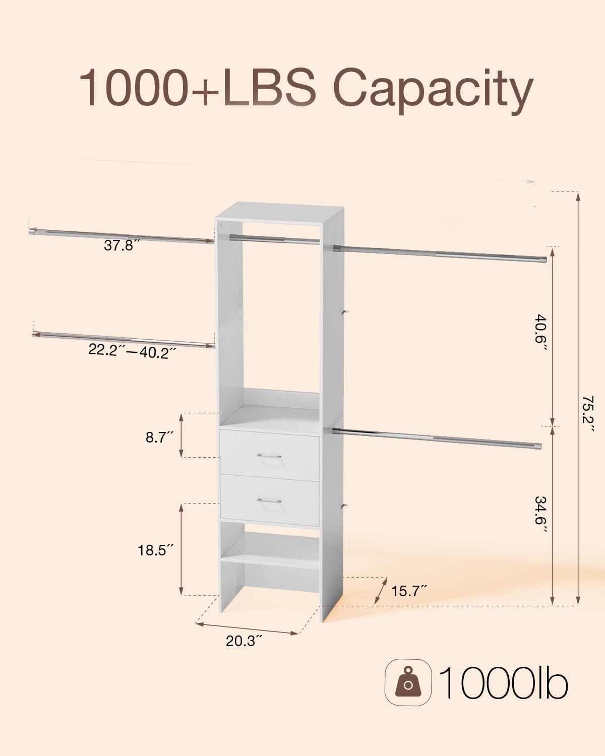 Closet System with Drawer, 5-8FT Closet Organizers System with 5 Adjustable Hanging Rods and Shoe Rack, Heavy Duty Walk in Closet Organizers and Storage with Drawers, White