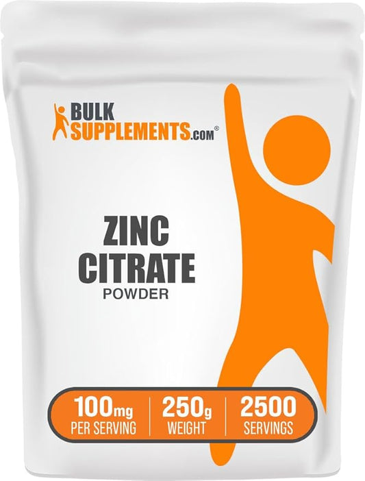 BulkSupplements.com Zinc Citrate Powder - Zinc Supplements, Mineral Supplement, for Immune Support - Gluten Free, 100mg per Serving, 250g (8.8 oz) (Pack of 1)