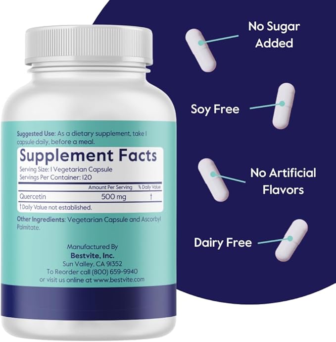 BESTVITE Quercetin 500mg (120 Vegetarian Capsules) - No Stearates - No Silicon Dioxide - Vegan - Non GMO - Gluten Free