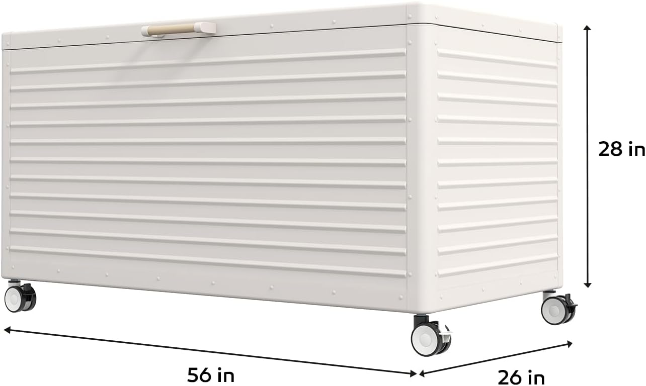 MIRADOR 175 Gallon Outdoor Storage Box Waterproof with Wheels, Metal Deck Box for Patio Furniture, Garden Tools, Outdoor Cushion, Latte