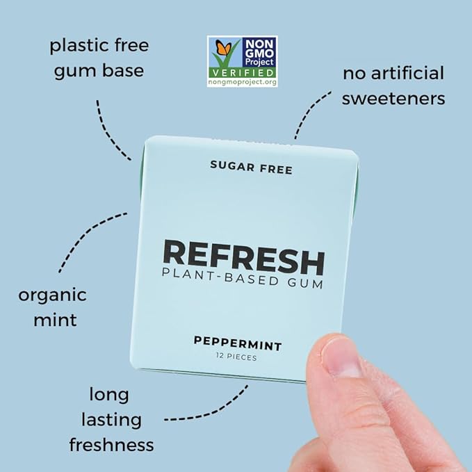 Refresh Gum, Xylitol, Natural, Sugar Free, Aspartame Free, Plastic Free, Natural Flavors & Organic Ingredients, Plant-Based, Low Calorie, Non GMO, Gluten Free, Vegan, Peppermint, 12 Pcs, 12 Pck