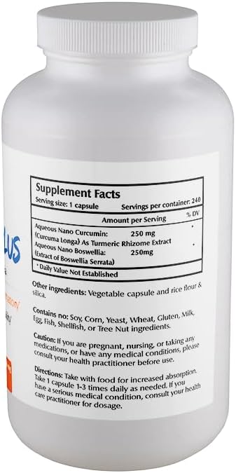 Nano Curcumin Plus 500 mg Veggie Capsules (240 Servings), Nano Curcumin with Boswellia for High Absorption, Supports Joint and Immune Health, Non-GMO, Vegan, Gluten-Free