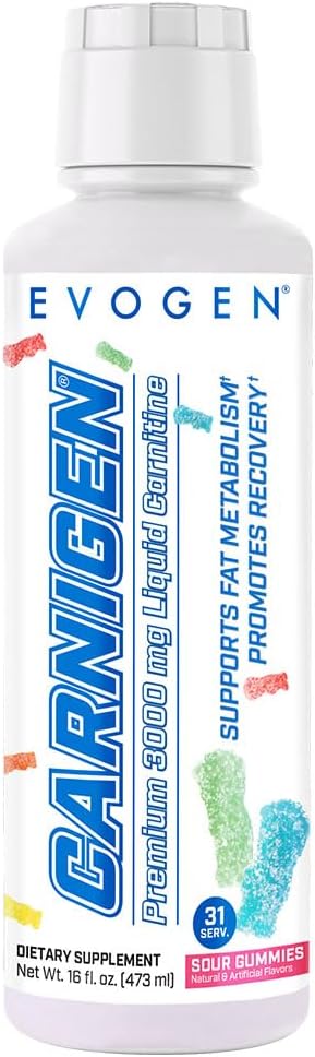 Evogen Carnigen Premium L Carnitine Liquid – L Carnitine 3000 Supplement | L Carnitine Supplement for Fat Metabolism & Recovery | Acetyl L-Carnitine | Caffeine Free | Sour Gummies | 31 Servings