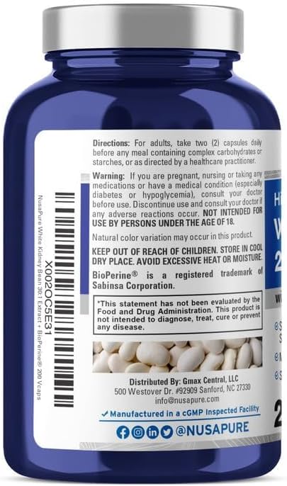 NusaPure White Kidney Beans 24,000mg per Serving - Bioperine - Extract 30:1 (Vegan, Non-GMO)