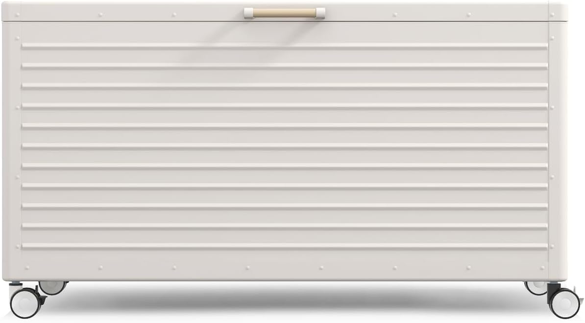 MIRADOR 175 Gallon Outdoor Storage Box Waterproof with Wheels, Metal Deck Box for Patio Furniture, Garden Tools, Outdoor Cushion, Latte