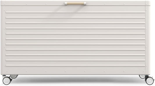 MIRADOR 175 Gallon Outdoor Storage Box Waterproof with Wheels, Metal Deck Box for Patio Furniture, Garden Tools, Outdoor Cushion, Latte