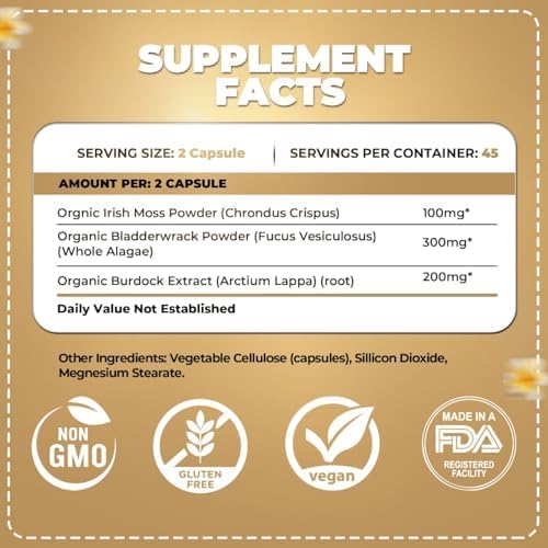 ORGANICS NATURE Irish Sea Moss Capsules 45 Servings | High Potency Seamoss Pills | Dr. Sebi Approved Sea Moss for Energy 90 Vegan Capsules