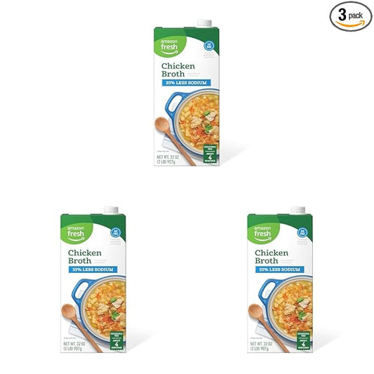 Amazon Fresh, 35% Less Sodium Chicken Broth, 32 Oz (Pack of 3)