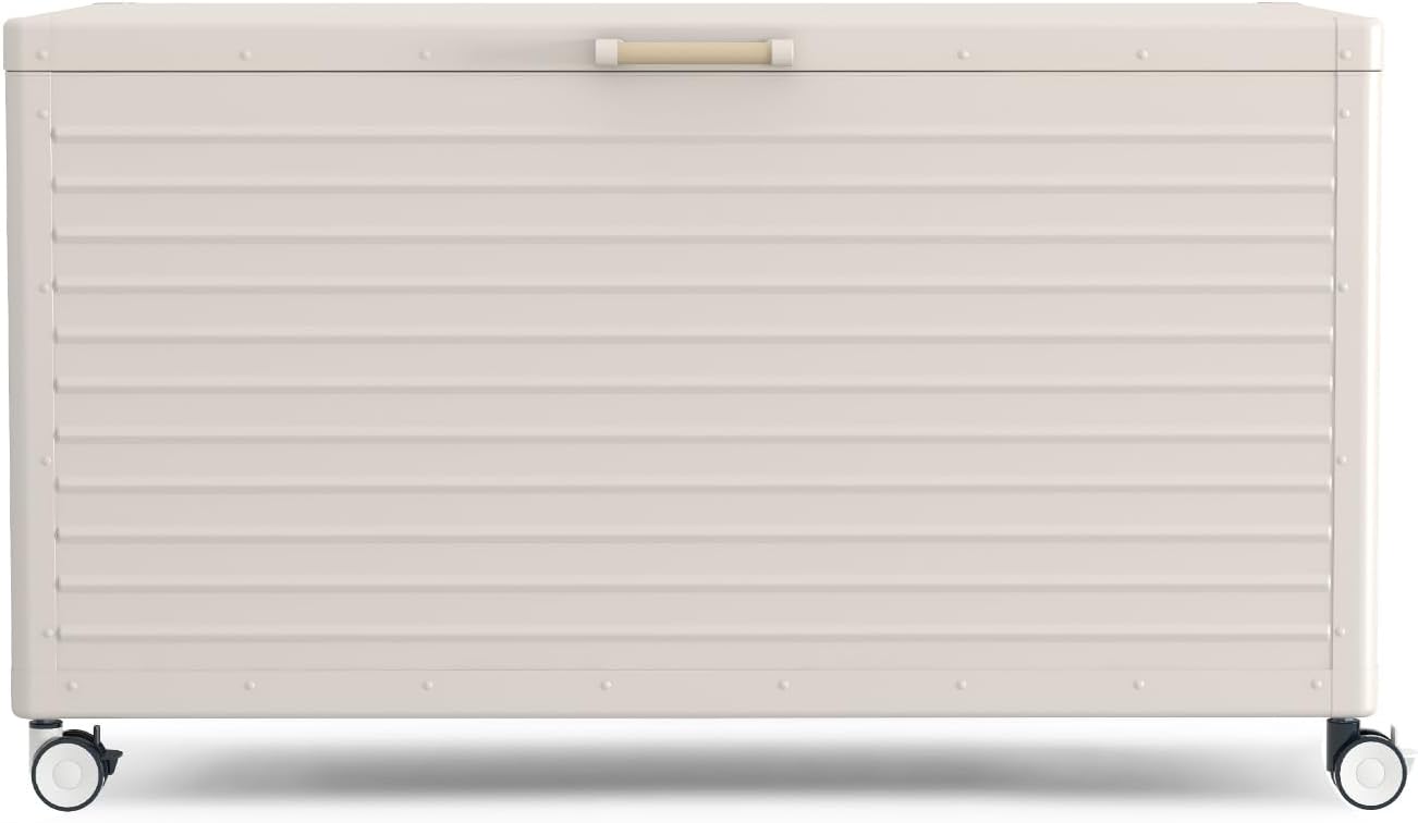 MIRADOR 134 Gallon Outdoor Storage Box Waterproof with Wheels, Metal Deck Box for Patio Furniture, Garden Tools, Outdoor Cushion, Latte