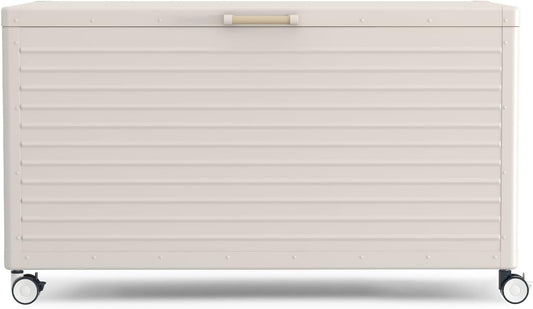MIRADOR 134 Gallon Outdoor Storage Box Waterproof with Wheels, Metal Deck Box for Patio Furniture, Garden Tools, Outdoor Cushion, Latte