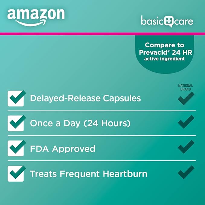Amazon Basic Care Lansoprazole Delayed Release Capsules, 15 mg, Treats Frequent Heartburn, 14 Count