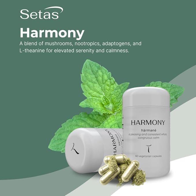 Setas Harmony Ceremony Quality Botanical Supplement Organic Reishi & Lion’s Mane, Ashwagandha, Linden Tree & L-theanine to Support Mood, Stress Management, & Calm, Vegan & Non-GMO, 60-Day Supply