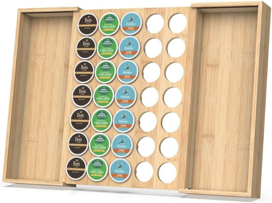 Larger Expandable Bamboo Coffee Pod Holder for Counter Drawer Display, 35 Pod Capacity, K-Cup Pods - Tea Bags Storage Organizer Holder (Bamboo)