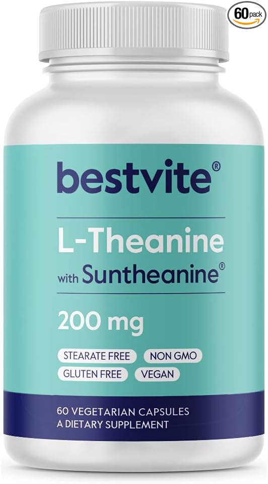 BESTVITE L-Theanine 200mg with Patented and Clinically Studied Suntheanine (60 Vegetarian Capsules) - No Stearates - Vegan - Non GMO - Gluten Free