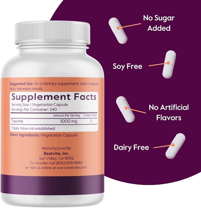BESTVITE Taurine 1000mg (240 Vegetarian Capsules) - No Stearates - No Fillers - No Flow Agents - Vegan - Non GMO - Gluten Free