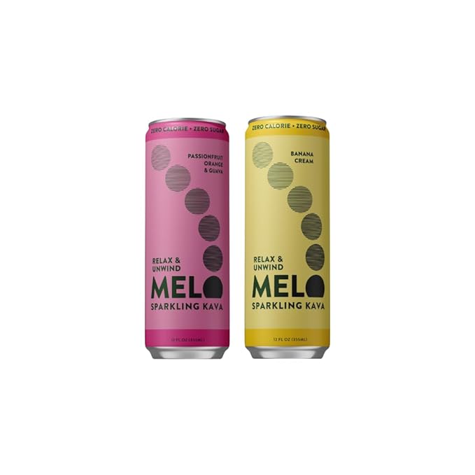 Melo Sparkling Kava Drink, Passionfruit, Orange & Guava Bundled with Banana Cream, Sugar Free Non Alcoholic Drinks with Zero Calories, Gluten Free, Vegan, 750mg Kava Root per Drink, 12 Pack, 12 oz Can
