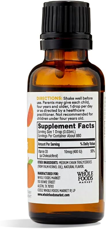 365 By Whole Foods Market, Vitamin D-3 Liquid 400Iu Tangerine Flavor, 1 Ounce (Pack of 2)