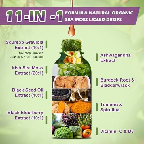 Sea Moss Liquid Drops - Irish Sea Moss & Black Seed Oil with Ashwagandha, Soursop Bitters, Elderberry, Burdock Root, Bladderwrack, Seamoss Supplement Support Antioxidant, Immune, Gut Health