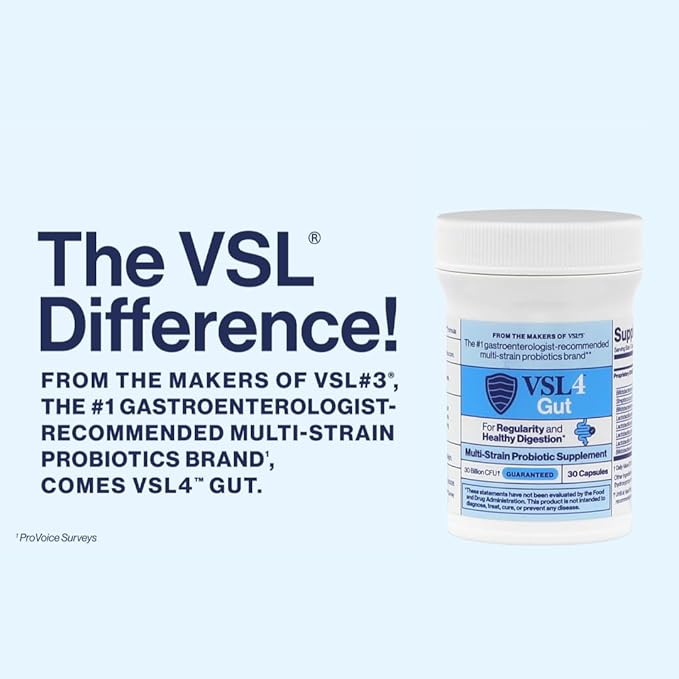 VSL4® Gut Daily Probiotics for Gut Health - 30B CFUs, Multi-Strain Digestive Support for Women & Men, Promotes Gut Balance & Regularity, Potent, Shelf-Stable Probiotic Supplement, 30 Capsules