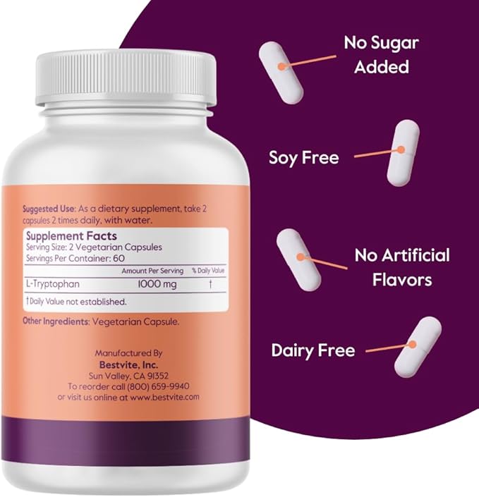 BESTVITE L-Tryptophan 500mg per Capsule (240 Vegetarian Capsules) (2-Pack) - No Stearates - No Silica - No Gelatin - Vegan - Gluten Free - Non GMO