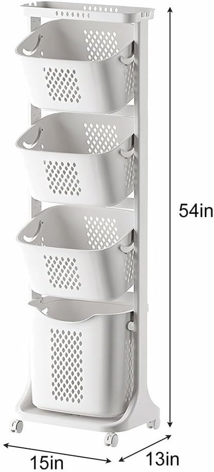 4-Tier Rolling Laundry Hamper Cart with Wheels & Removable Baskets – Tall Laundry Sorter Storage Organizer for Clothes, Bathroom, Bedroom – Free Standing Slim Laundry Basket Rack