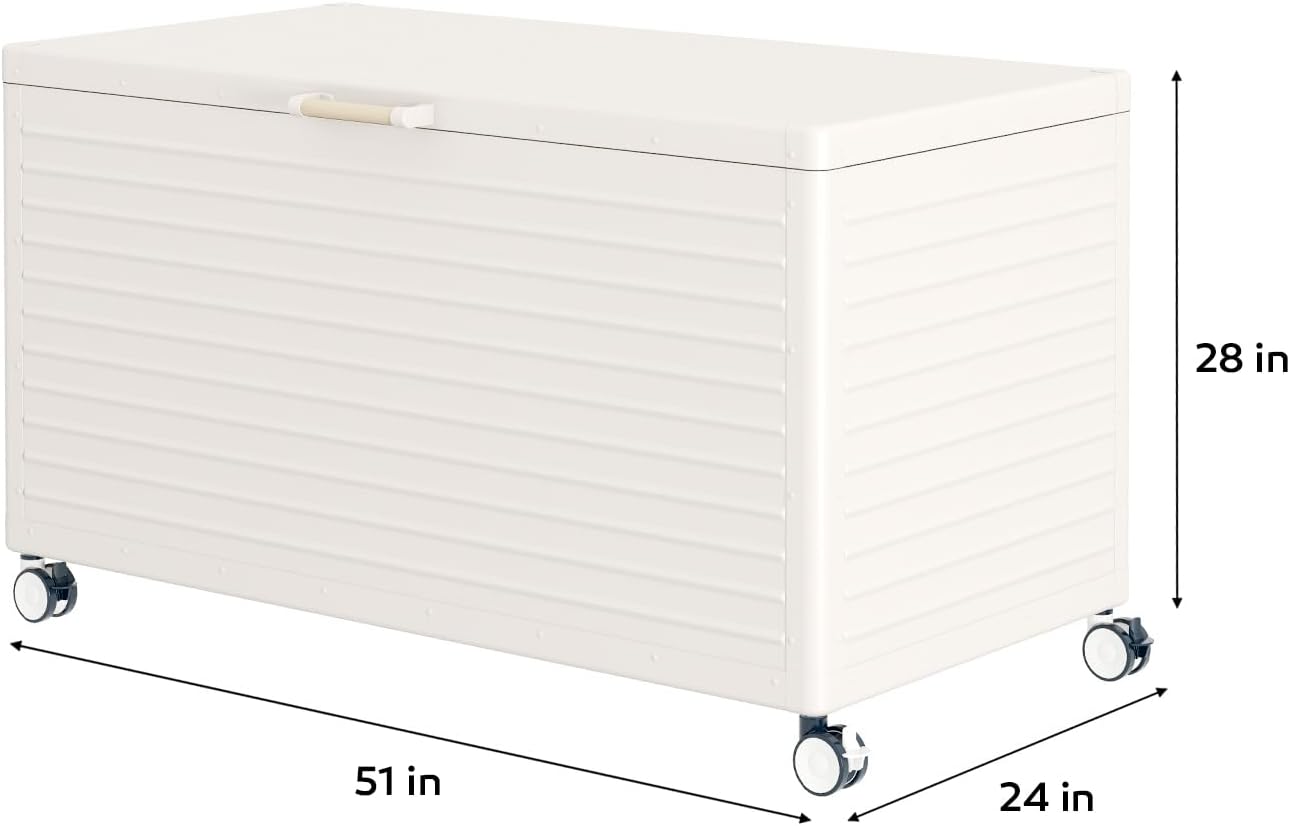 MIRADOR 134 Gallon Outdoor Storage Box Waterproof with Wheels, Metal Deck Box for Patio Furniture, Garden Tools, Outdoor Cushion, Latte
