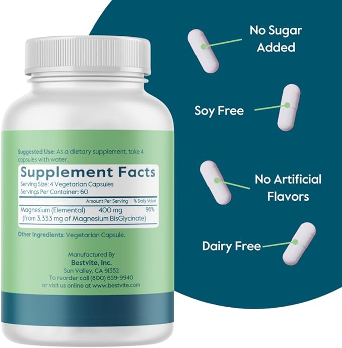 BESTVITE Filler-Free Magnesium Glycinate - 400mg of Magnesium per Serving (240 Veg Caps)- Chelated Bisglycinate for Muscle, Relaxation, Stress & Sleep Support* - For Men & Women - No Stearates - Vegan
