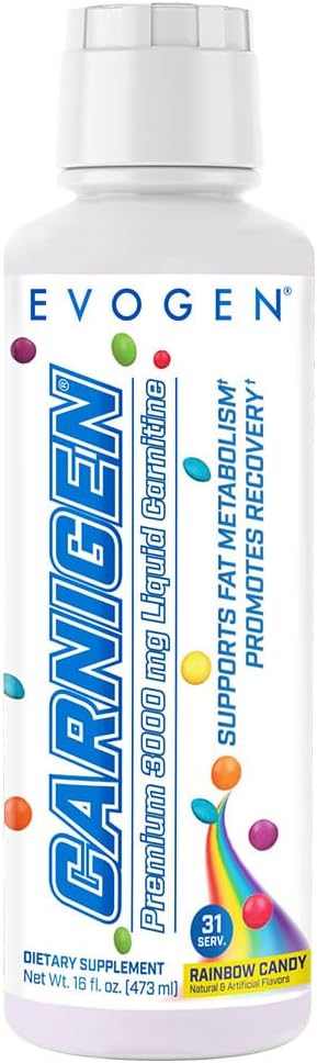 Evogen Carnigen Premium L Carnitine Liquid – L Carnitine 3000 Supplement | L Carnitine Supplement for Fat Metabolism & Recovery | Acetyl L-Carnitine | Caffeine Free | Rainbow Candy | 31 Servings